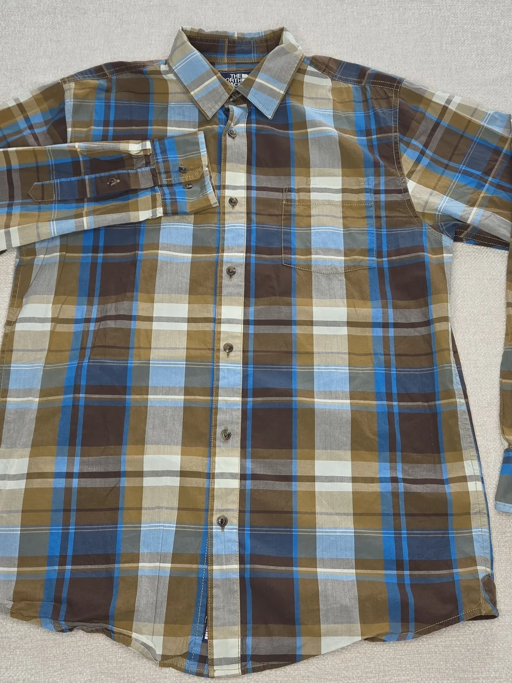 The North Face Shirt Mens Medium Brown Blue Plaid Long Sleeve Button Up Cotton